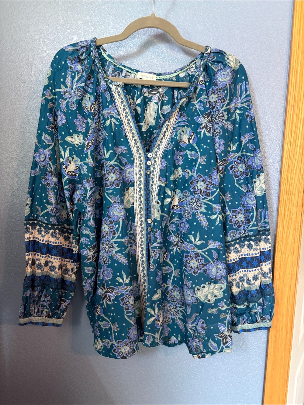 Sundance Teal Floral Peasant Blouse XL